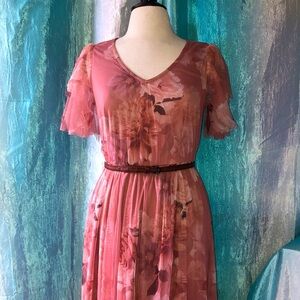 Wedding guests dress soft rose pink with burgundy flowers